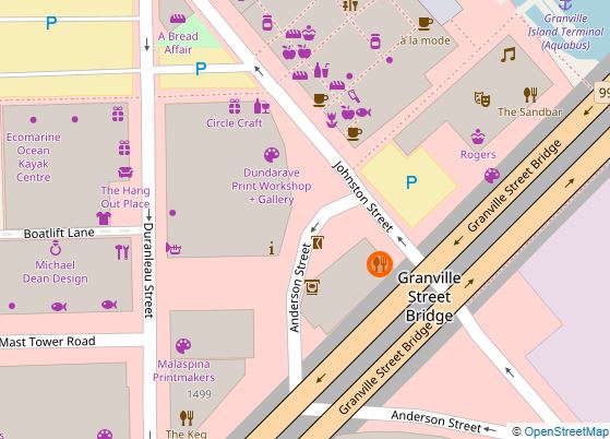 グランビルアイランド内　Edible Canada Bistro レストラン前　（1596 Johnston St.）までご自身でお越しください。