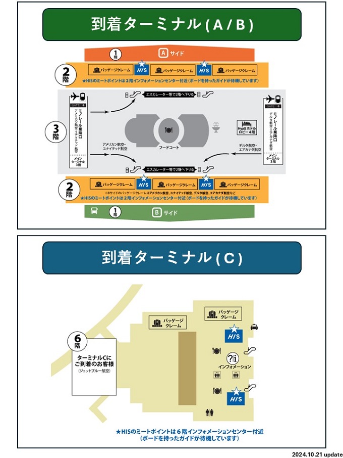 往路送迎：「ご利用便のバッゲージクレーム階」のインフォメーションセンター付近（ボードを持ったガイドが待機しています）※復路はご利用日30日前にお知らせします