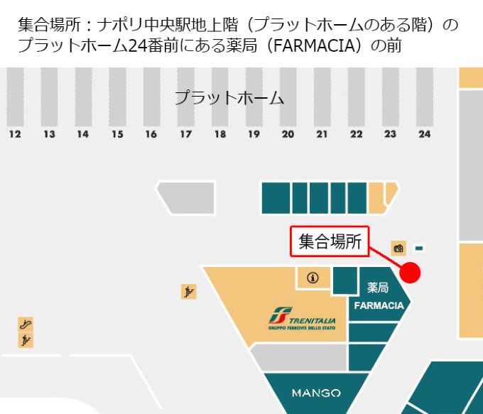 ナポリ中央駅地上階（プラットホームのある階）のプラットホーム24番前にある薬局前